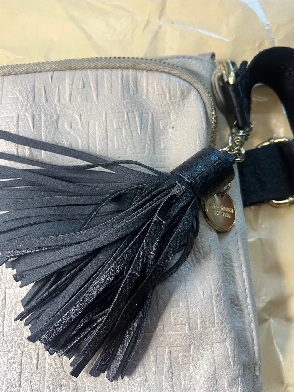 Steve Madden Cream Crossbody with Black Strap and Tassel